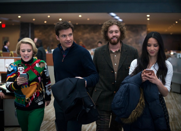 L-R: Kate McKinnon as Mary Winetoss, Jason Bateman as Josh Parker, T.J. Miller as Clay Vanstone, Olivia Munn as Tracey Hughes in OFFICE CHRISTMAS PARTY by Paramount Pictures, DreamWorks Pictures, and Reliance Entertainment